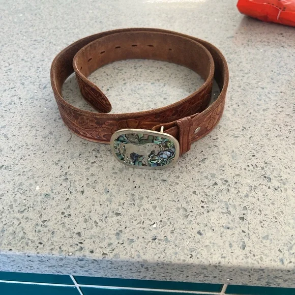 Women’s Brown Leather Belt with Unicorn Abalone Buckle - Picture 1 of 3